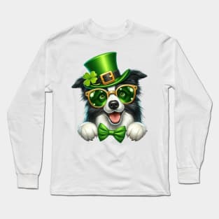 St Patricks Day Peeking Border Collie Dog Long Sleeve T-Shirt